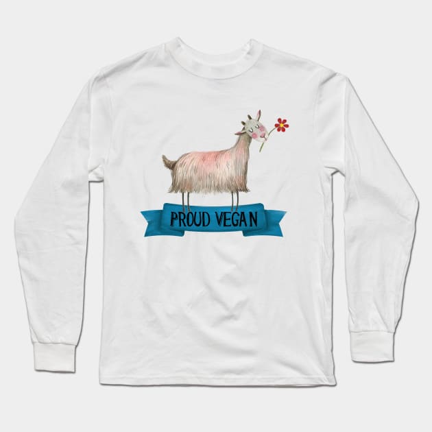 Proud Vegan Cute Goat With Flower Illustration Long Sleeve T-Shirt by fineartgallery